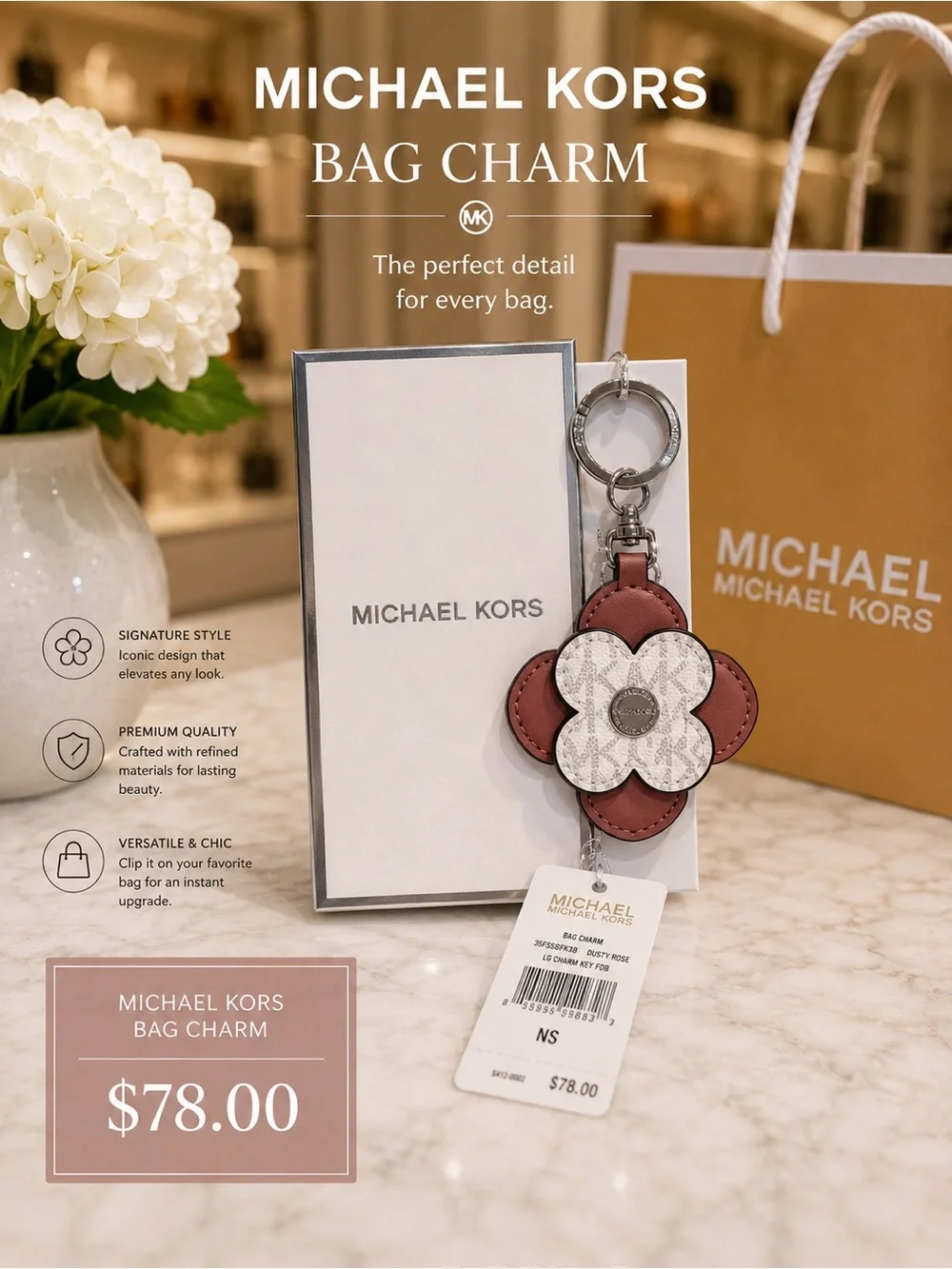 Michael Kors Monogram Bag charm or Key Fob Charm, Leather NIB